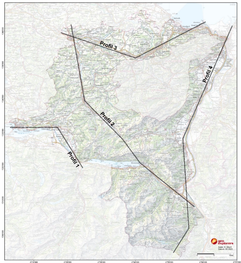 Kantonskarte mit der Lage der vier Profile 